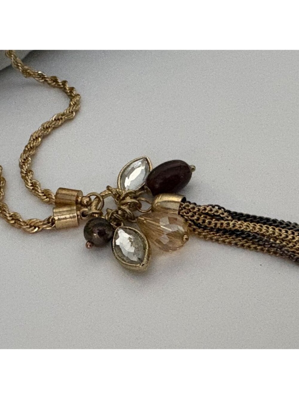 NY Vintage Gold Tone Tassel Necklace Mixed Bead Charms Rope Chain 31-34 inch